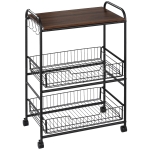 HOMCOM 24" 3-Tier Rolling Kitchen Cart, Utility Storage Trolley with 2 Basket Drawers, Side Hooks for Dining Room, Walnut Wood Tone