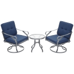 Outsunny 3 Pieces Outdoor Bistro Set, 2 Swivel Rocker Chairs and 1 Round Tempered Glass Table with Cushion, Yard, Lawn, Porch and Garden Furniture, Blue