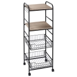 HOMCOM 16" 4-Tier Rolling Kitchen Cart, Utility Storage Trolley with 2 Basket Drawers, Side Hooks for Dining Room and Kitchen, Oak