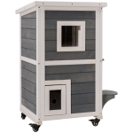 PawHut Wooden 2-Floor Cat House with Window, Universal Wheels, Cat Shelter, Kitten Kennel with Escape Door, Gray