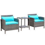 Outsunny 3 Pcs Rattan Wicker Bistro Set with Soft Cushions, Outdoor Coffee Set with Glass Table Top and Open Shelf, Green