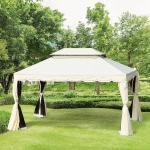 Outsunny 10 x 13ft Aluminum Frame Gazebo Canopy Double Tier Garden Shelter with Netting and Curtains, Beige(c-1)