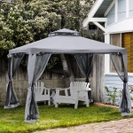 Outsunny 9.6' x 9.6' Patio Gazebo Outdoor Pavilion 2 Tire Roof Canopy Shelter Garden Event Party Tent Yard Sun Shade Steel Frame w/ Mosquito Netting Grey