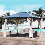 Outsunny 10' x 10' Aluminum Frame Hardtop Gazebo with Mosquito Netting and Curtains Brown(c-1)