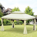 Outsunny 10 x 13ft Aluminum Frame Gazebo Canopy Double Tier Garden Shelter with Netting and Curtains, Beige(c-3)