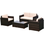Outsunny 4-Piece Patio Furniture Set, with 2 Chairs, Loveseat, and Glass Coffee Table, Rattan Wicker with Cushion, Beige/Brown