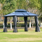 Outsunny 12' x 10' Polycarbonate Hardtop Gazebo Canopy Outdoor Double Tier Roof Aluminum Frame with Curtains, Netting Sidewalls Patio, Black