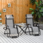 Outsunny Zero Gravity Lounger Chair Set of 3, Folding Reclining Patio Chair with Side Table, Cup Holder, Foot Massager and Headrest, Grey