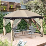 Outsunny 12' x 10' 2-Tier Outdoor Gazebo Canopy Tent for Patio with Zippered Mesh Sidewalls, Solid Steel Frame, Arched Roof, Beige(c-1)