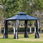 Outsunny 10' x 10' Polycarbonate Hardtop Gazebo Canopy Outdoor Double Tier Roof Aluminum Frame with Curtains, Netting Sidewalls Patio, Black