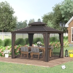 Outsunny 12' x 10' Outdoor Hardtop Gazebo with Galvanized Steel Canopy & Netting Sidewalls for Lawn, Backyard, Brown(c-2)