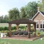 Outsunny 10' x 12' Outdoor Hardtop Gazebo Metal Roof Patio Gazebo with Aluminum Frame, Mesh Nettings, Curtains and Roomy Interior Space, Brown