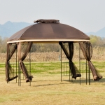 Outsunny 10' x 10' Outdoor Patio Gazebo Canopy with Double Tier Roof, Removable Mesh Curtains, Display Shelves, Brown