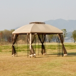Outsunny 10' x 10' Outdoor Patio Gazebo Canopy with Double Tier Roof, Removable Mesh Curtains, Display Shelves, Beige