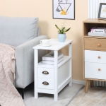HOMCOM Slim End Table with 2 Drawers and Storage Shelf, Sofa Side Table for Living Room, Narrow Nightstand, White