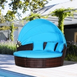 Outsunny 4-piece Cushioned Outdoor Rattan Wicker Round Sunbed or Conversational Sofa Set with Sun Canopy, Brown & Blue