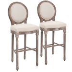 HOMCOM Vintage Wooden Pub Bar Stool 2pc Set - Soft Seat Cushion With Footrest, Rubber Wood Linen - Cream
