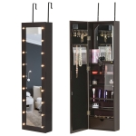 HOMCOM Jewelry Armoire with Mirror and 18 LED Lights, Wall-Mounted/Over-The-Door Cabinet with 3 Mountable Heights - Dark Walnut