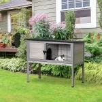 PawHut Wooden Rabbit Hutch Bunny Small Animal House with Openable Asphalt Roof, Slide-out Tray, Indoor/Outdoor, Grey(c-3)