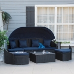 Outsunny 4 Pieces Patio PE Wicker Round Daybed, Outdoor Rattan Garden Lounge Furniture Sets, Sectional Conversation Sofa Set with Canopy, Cushions, & Pillows, Dark Blue