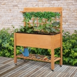 Outsunny Wooden Planter Raised Elevated Garden Bed with Shelf and Wheels