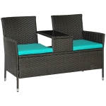 Outsunny Patio Wicker Conversation Furniture Set, Outdoor Rattan 2-Seater Chair, Modern Loveseat w/ Cushions & Tempered Glass Top Coffee Table, Teal