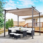 Outsunny 10' Outdoor Pergola Gazebo Garden Retractable Sun Shade Deck Lawn Covered Modern Square Canopy Backyard Patio BBQ Shelter Beige