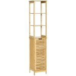 kleankin Bathroom Floor Cabinet with 3 Shelves and Cupboard, Slim and Freestanding Linen Tower with Storage, Natural