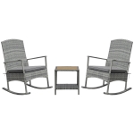 Outsunny 3 Piece Outdoor PE Rattan Rocking Chair Set, Patio Wicker Recliner Rocker Chair with Soft Cushion & Nature Wood Top Coffee Table, Grey