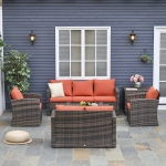 Outsunny 6 Piece Outdoor Rattan Wicker Sofa Set Sectional Patio Conversation Furniture Set w/ Storage Table & Cushion Orange(c-1)
