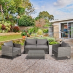 Outsunny 4 PCs PE Rattan Wicker Sofa Set Outdoor Conservatory Furniture Lawn Patio Coffee Table w/ Cushion, Grey(c-1)