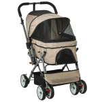 PawHut Pet Stroller Foldable Dog/Cat Travel Carriage with Reversible Handle EVA Wheels Brakes Storage Bag, 3-stage Canopy, Zippered Mesh Window Door, Brown