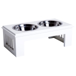 PawHut 17" Durable Wooden Dog Feeding Station with 2 Included Food Bowls & a Non-Slip Base - White
