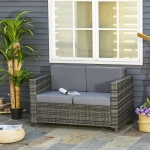 Outsunny Patio PE Rattan 2-seater Sofa, Outdoor All Weather Resin Wicker Loveseat w/ Padded Cushions, Garden Chair Furniture for Terraces, Poolside, Park, Grey