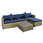 Outsunny 6 Pieces Outdoor PE Rattan Sofa Set, Sectional Conversation Wicker Patio Couch Furniture Set with Cushions and Coffee Table, Yellow / Navy Blue