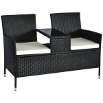 Outsunny Patio Wicker Conversation Furniture Set, Outdoor Rattan 2-Seater Chair, Modern Loveseat w/ Cushions & Tempered Glass Top Coffee Table for Garden, Lawn, Backyard, Porch, Black