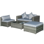 Outsunny 5 Piece Patio Wicker Furniture Set, Outdoor Sectional Sofa Set Rattan Conversation Sets with Tempered Glass Tabletop Coffee Table and Ottoman for Garden, Balcony, Backyard, Mixed Grey