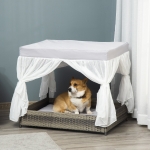 PawHut Wicker Dog House, Elevated Pet Sofa, Rattan Cat Bed, Indoor Outdoor Use, for Garden Patio with Weatherability Roof, for Medium-Sized Dogs, Grey