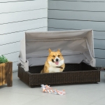 PawHut Wicker Dog House, Elevated Pet Sofa, Rattan Cat Bed, Indoor Outdoor Use, for Garden Patio with Foldable Roof, for Small or Medium-Sized Dogs, Coffee