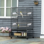 PawHut 52'' Large Rolling Steel Bird Cage Bird House with Rolling Stand, Storage Shelf, Wood Perch, Food Container, Dark Grey