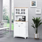 HOMCOM Coastal Style Kitchen Buffet and Hutch Wooden Storage Cabinet with Framed Glass Door Drawers Microwave Space for Dining Room Living Room White