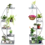 Outsunny 5 Tier Metal Plant Stand, Half Moon Shape Ladder Flower Pot Holder Shelf for Indoor / Outdoor Use, 2 Pack, Grey