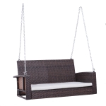 Outsunny 2-Person Wicker Hanging Porch Swing Bench Outdoor Chair with Cushions, Cream White