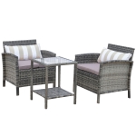 Outsunny 3 Pcs Rattan Wicker Bistro Set with Soft Cushions, Outdoor Conversation Coffee Sets with Glass Table Top and Open Storage Shelf for Patio, Backyard, Garden, Beige