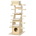 PawHut 63" Cat Tree Activity Center Wooden Cat Climbing Pet Furniture with Cat Condo, Cushions, Sisal Scratching Post, Beige