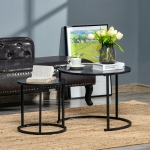 HOMCOM Round Nesting Coffee Table Set of 2, Stacking Modern Accent Tables with Faux Marble Tabletop and Metal Frame for Living Room, Black