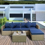 Outsunny 6 Piece Outdoor Patio Wicker Sofa Set Sectional Furniture Chair Conversation Set with Cushions and Tea Table, Navy Blue