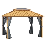Outsunny 12' x 10' Hardtop Gazebo Steel & Polycarbonate Canopy Outdoor Pergola with Aluminum Frame and Netting for Patios, Gardens, Lawns, Yellow