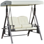 Outsunny 2-Person Patio Swing Chair Outdoor Canopy Swing with Adjustable Shade, Soft Cushions, Throw Pillows and Tray for Garden, Poolside, Backyard, Beige