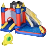 Outsunny 6-in-1 Inflatable Water Slide, Kids Castle Bounce House Includes Slide, Trampoline. Basket, Pool, Water Gun, Climbing Wall with Carry Bag, Repair Patches, Basketball, 680W Air Blower